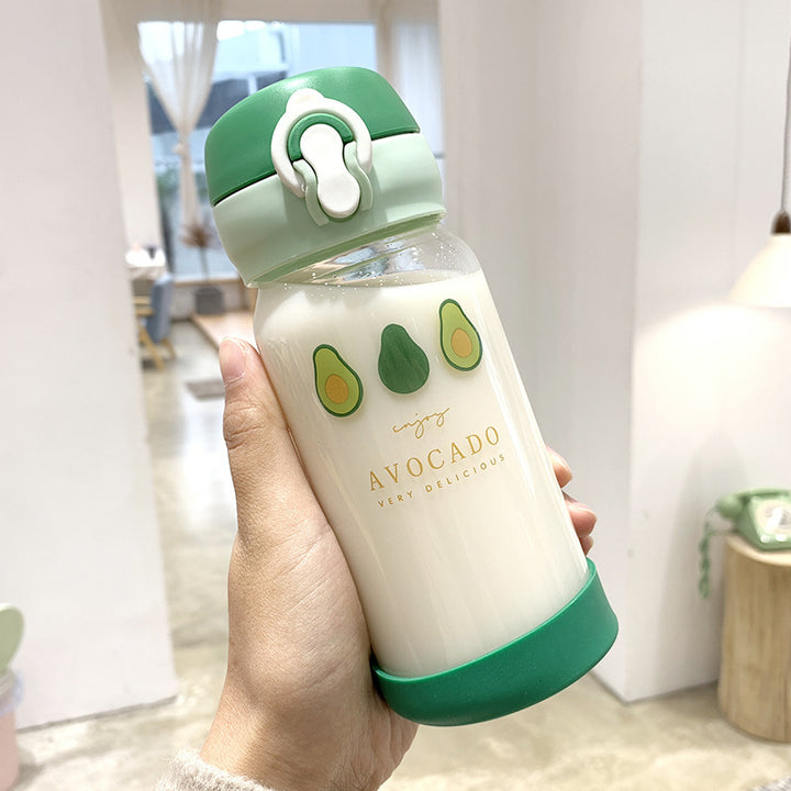 Cute Avocado Print Glass Water Bottle - Leak-Proof, 350ml