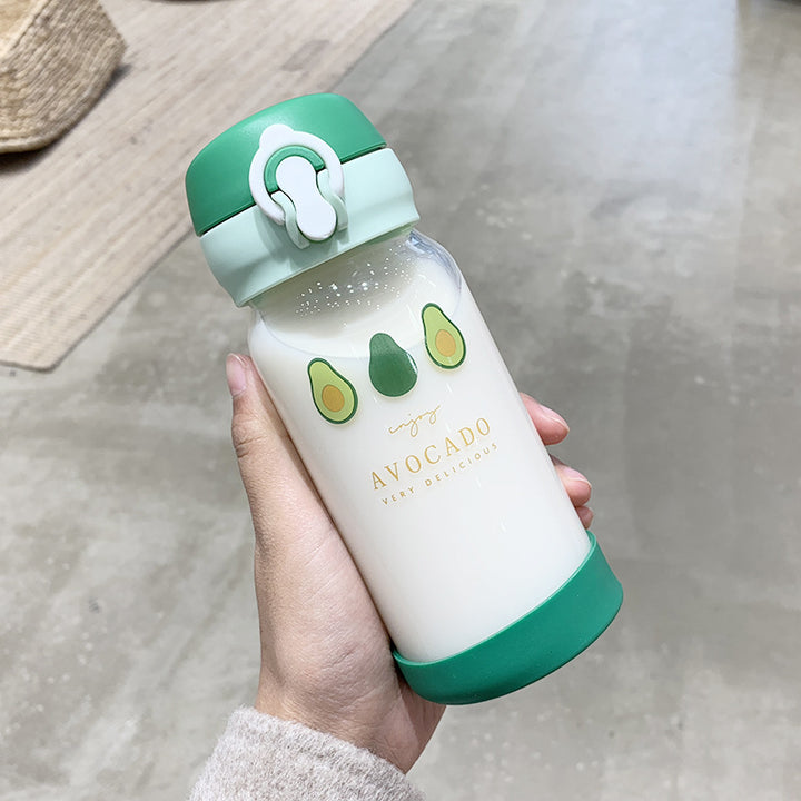 Cute Avocado Print Glass Water Bottle - Leak-Proof, 350ml