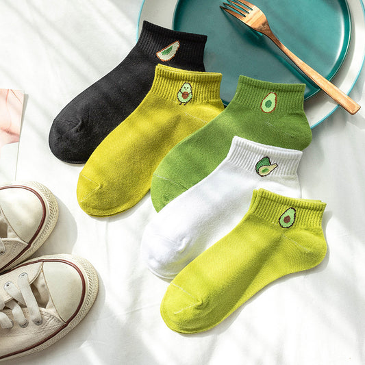Fresh Japanese Style Avocado Cartoon Cotton Socks for Women - Breathable & Absorbent, Perfect for Summer, Spring, Autumn
