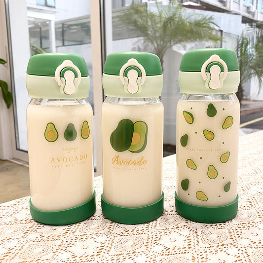 Cute Avocado Print Glass Water Bottle - Leak-Proof, 350ml