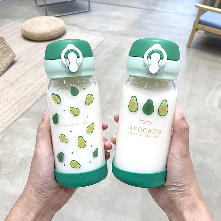 Cute Avocado Print Glass Water Bottle - Leak-Proof, 350ml