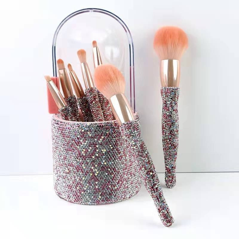 8 Piece Makeup Brush Set with Rhinestone Handles and Case - Perfect for Everyday Use