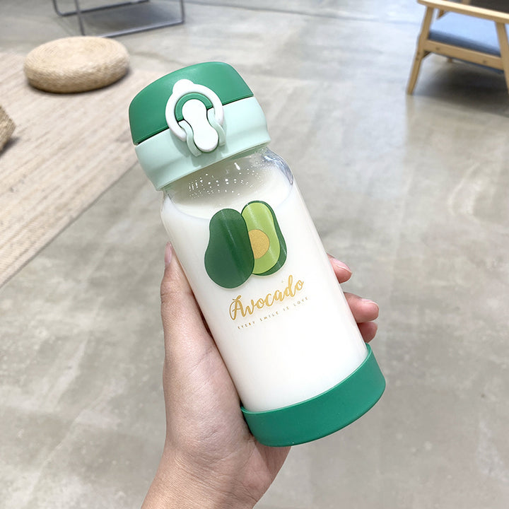 Cute Avocado Print Glass Water Bottle - Leak-Proof, 350ml