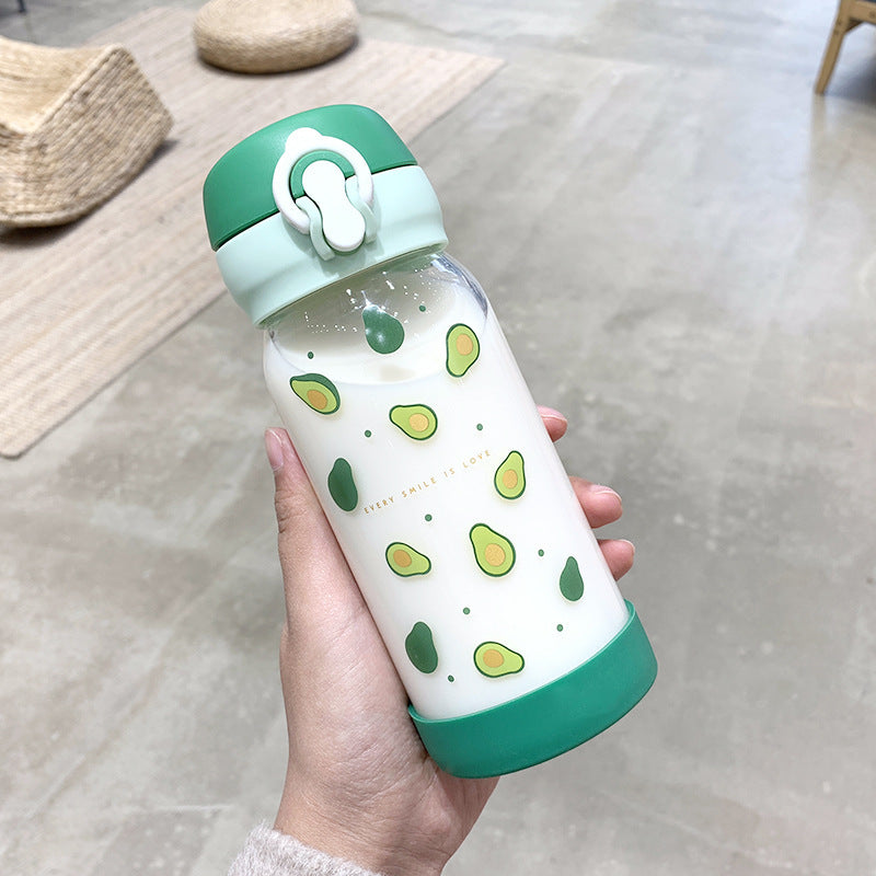 Cute Avocado Print Glass Water Bottle - Leak-Proof, 350ml