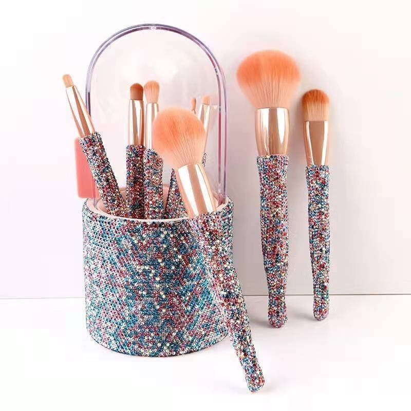 8 Piece Makeup Brush Set with Rhinestone Handles and Case - Perfect for Everyday Use