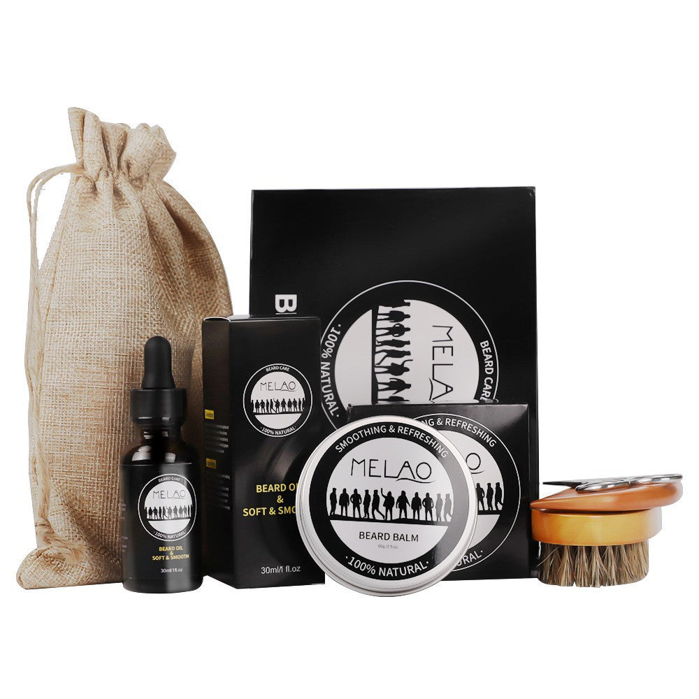 Beard Care Set with Beard Oil, Balm, Brush, Comb & Scissors